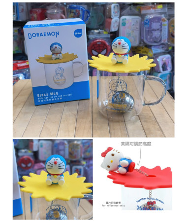 多啦A夢玻璃杯連杯蓋及茶隔