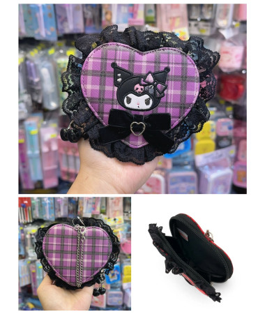 🇯🇵日本直送🇯🇵 Kuromi 搖滾格仔系列心型拉鍊包連掛鏈